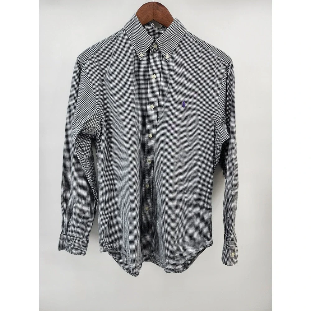 Polo Ralph Lauren Mens Gingham Button Down Shirt Black White Cotton‎ Long Sleeve